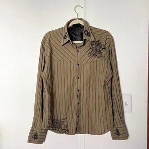 Olive Green Long Sleeve Embroidered Button Up Top